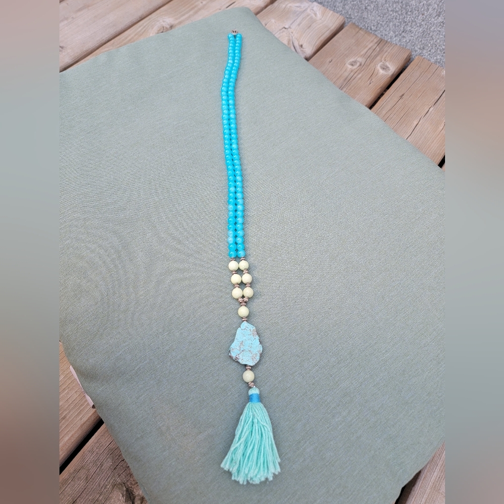 Long Turquoise & Cream Beaded Necklace w/ Stone, Tassel & Anchor Bead